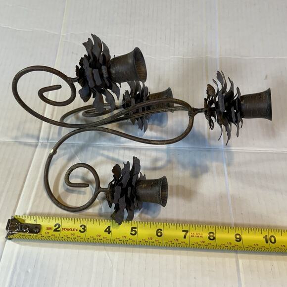 2 Rustic Metal 4 Taper Candle Holder Pine Cone Or Flowers Primitive Centerpiece - Picture 7 of 7
